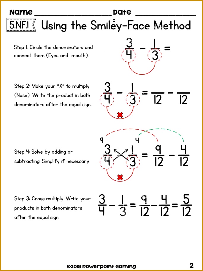 Adding Subtract Fractions with Unlike Denominators using the Smiley Face Method 912684