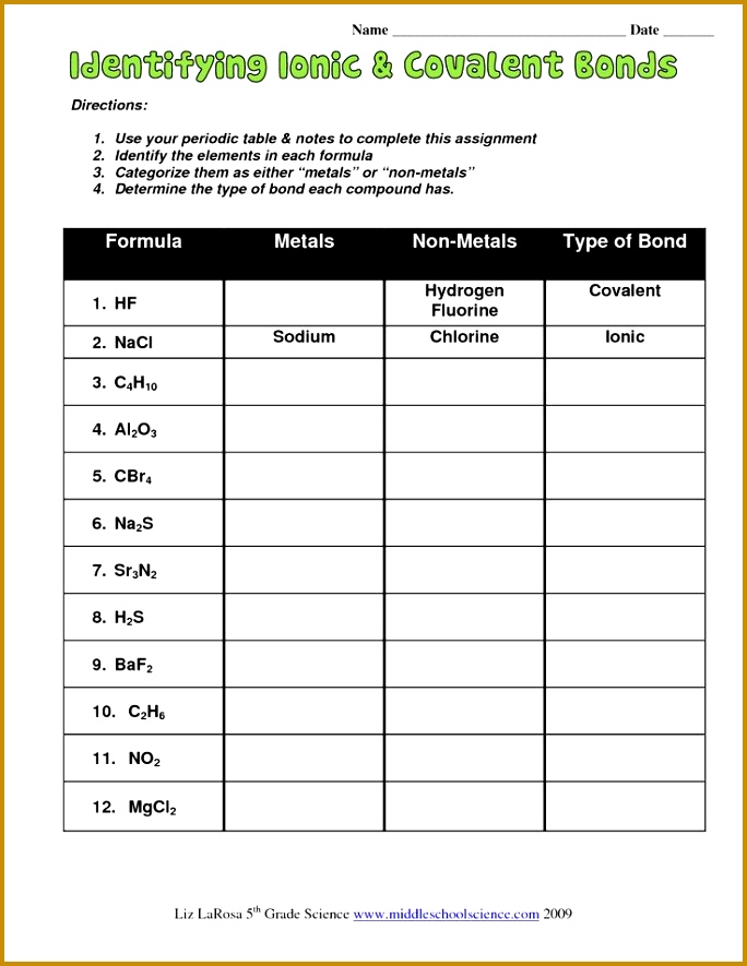 Ionic & covalent bonds worksheet Available at es 885684