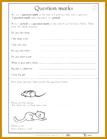 Students can learn when to use periods versus question marks and practice writing full sentences with the correct punctuation mark using this worksheet 219284