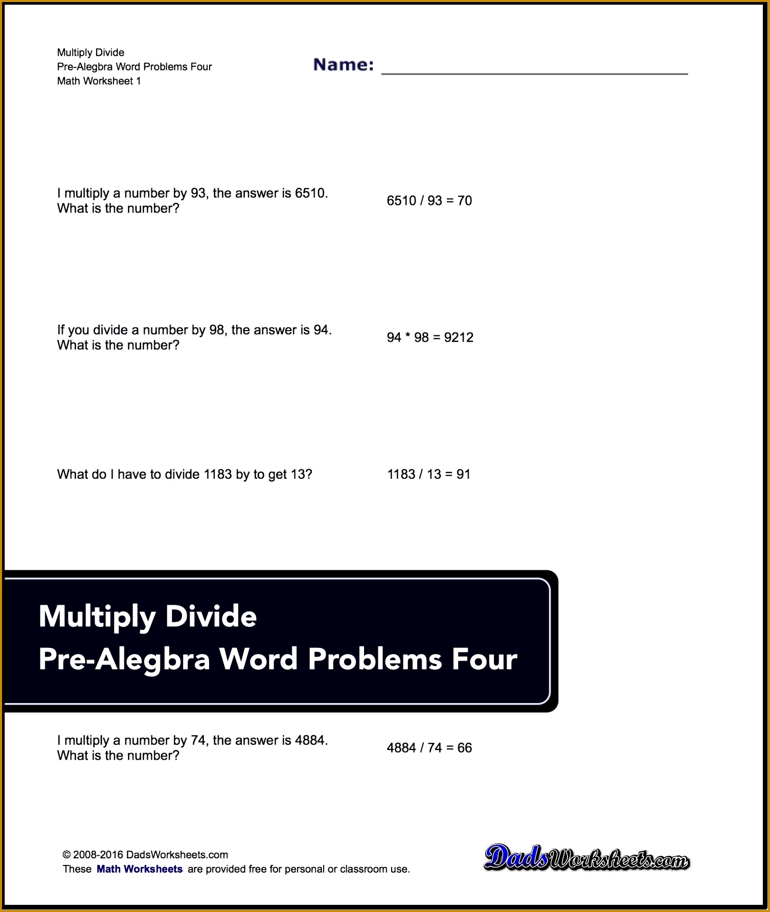 Multiply and Divide Pre Algebra Word Problems multiply divide math worksheets 17851506