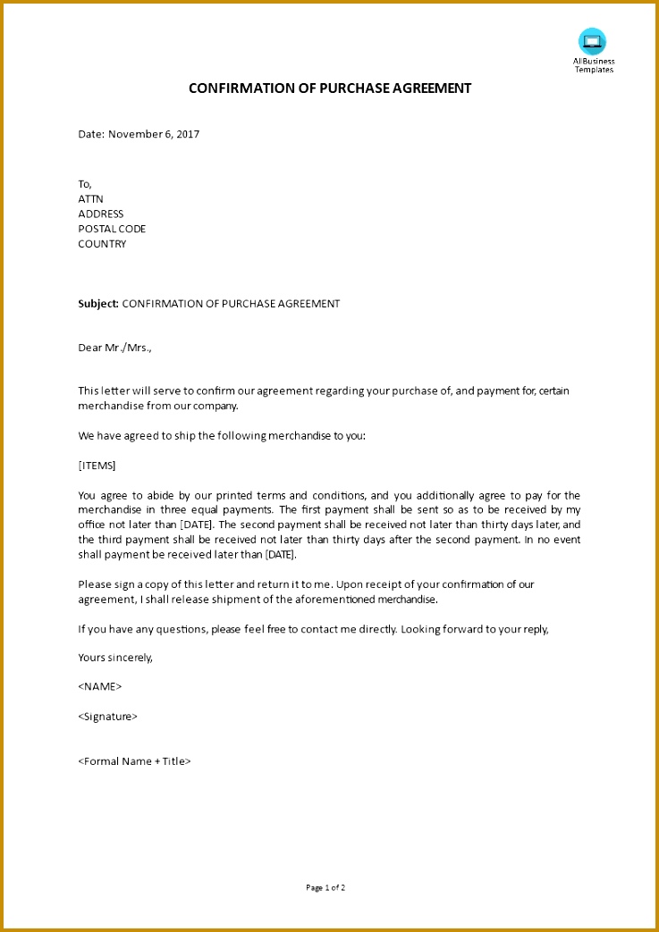 Confirmation Purchase Agreement Cover letter main image Get template 7371043