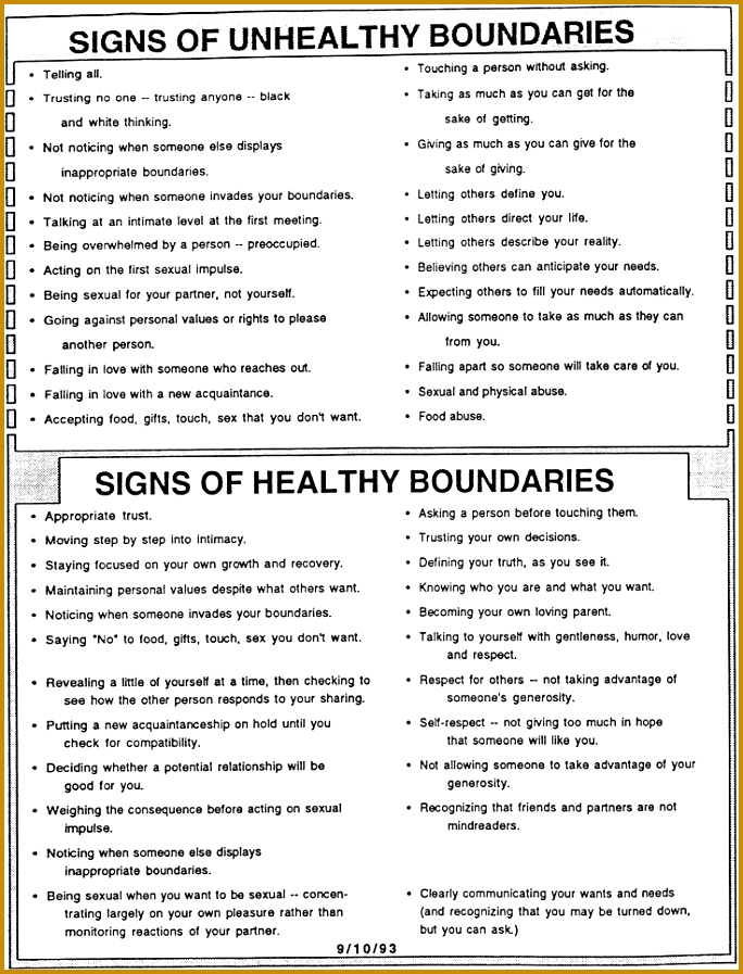 Signs of Boundaries Unhealthy vs Healthy A very important pair of lists to keep in mind as we live our lives and as we grow Too often we accept those who 897684
