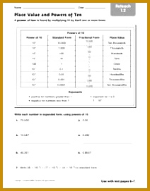 Place Value and Powers of Ten Reteach 10 1 Worksheet 271212