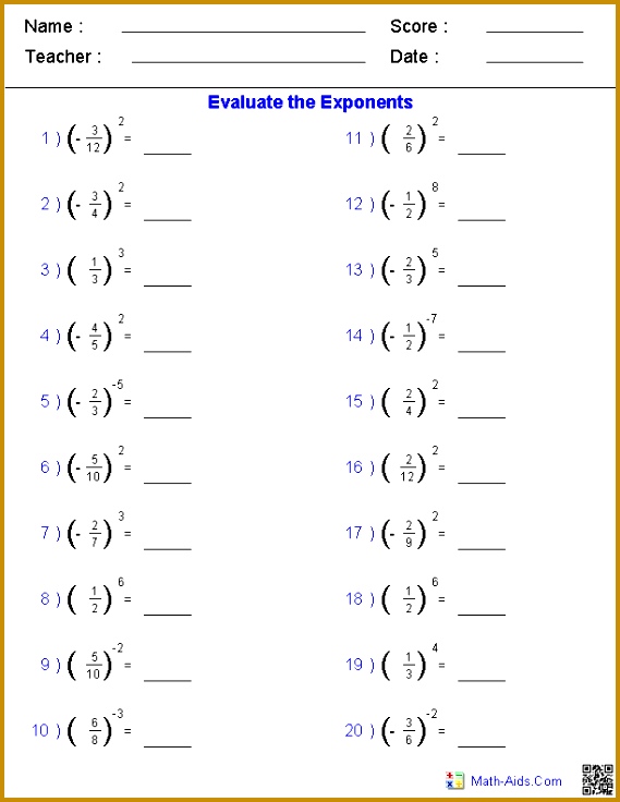 Solving Fractions with Exponents Worksheets 736569