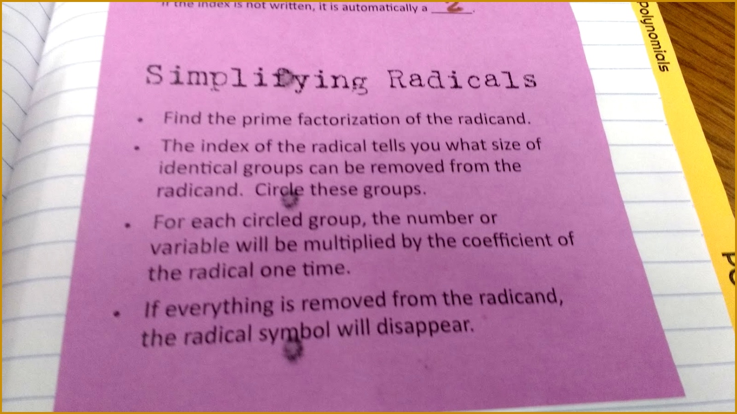 is a handy reference for my students as they are trying to keep their radicands indices and coefficients straight Steps for Simplifying Radicals 1488837