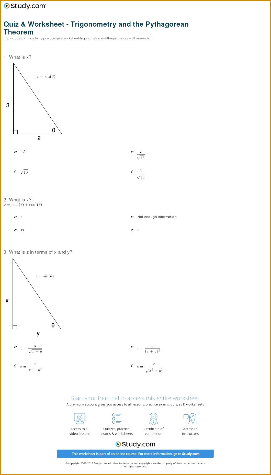 Print Trigonometry and the Pythagorean Theorem Worksheet 18581060
