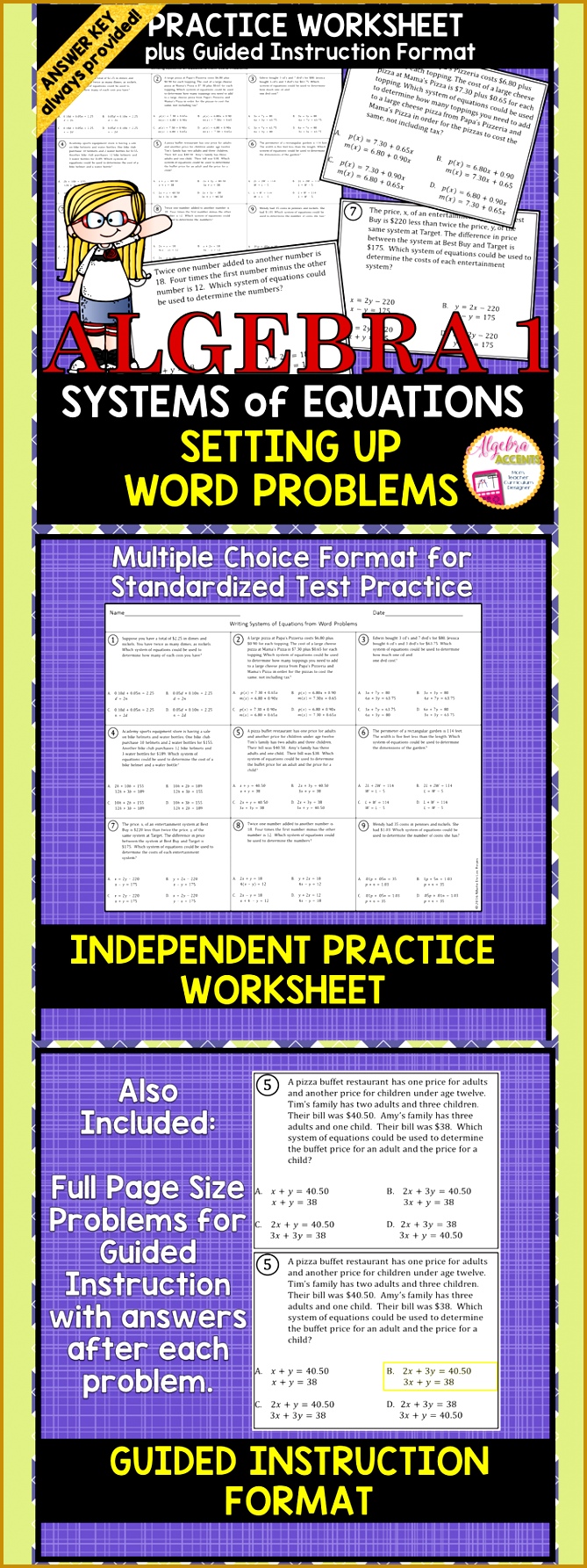 Writing Systems of Equations Setting Up Word Problems wuuwe Systems of Equations Word Problems in Standardized Test Format 1785669