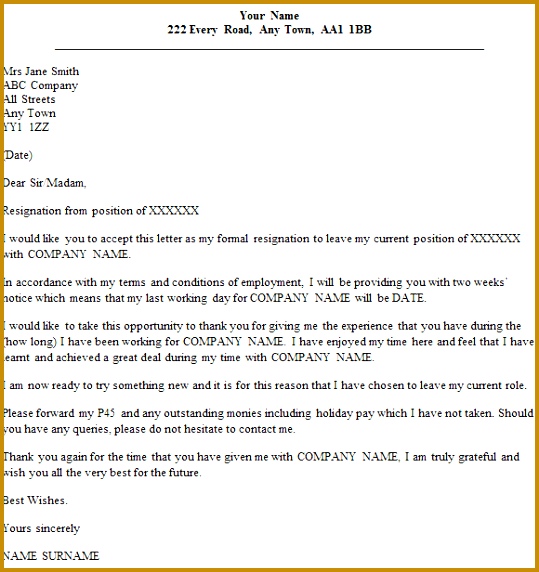 Formal Resignation Letter Example With 2 Weeks Notice 539572