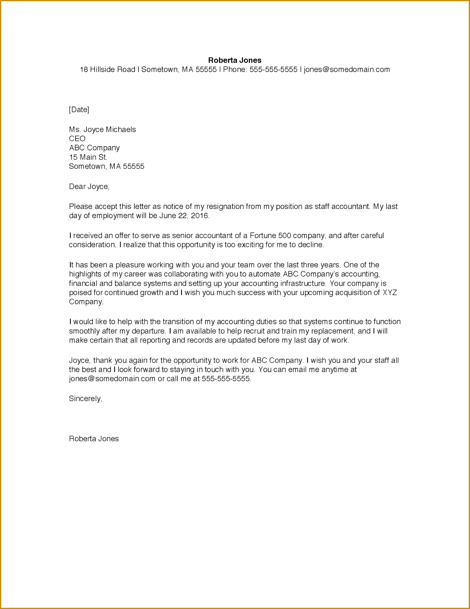 Sample resignation letter 15812046