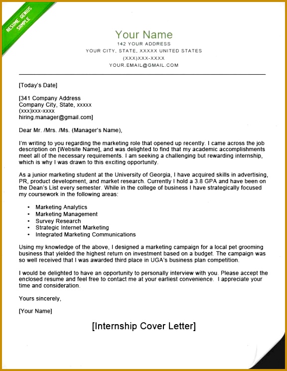 Cover Letter Examples for Internship Inspirational Sample Internship Cover Letter Example Sample Resume format Cover 744576
