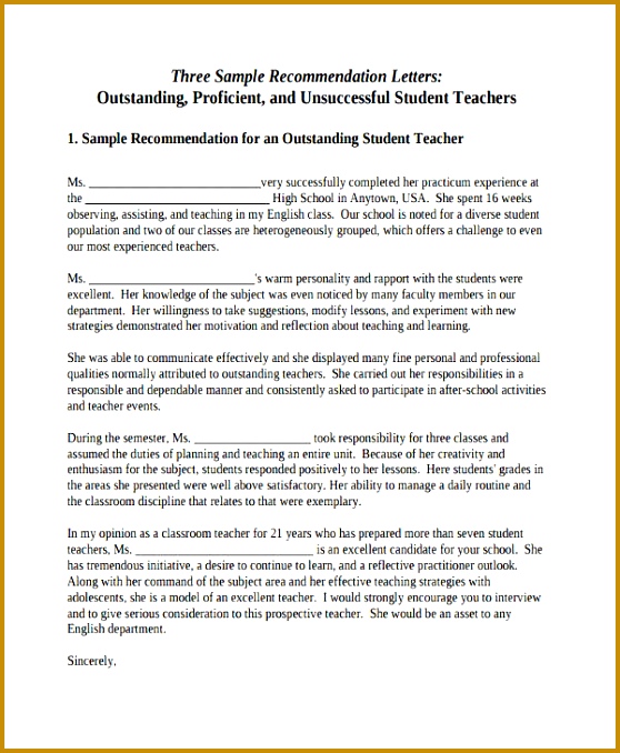 Student Teacher Re mendation Letter 558678
