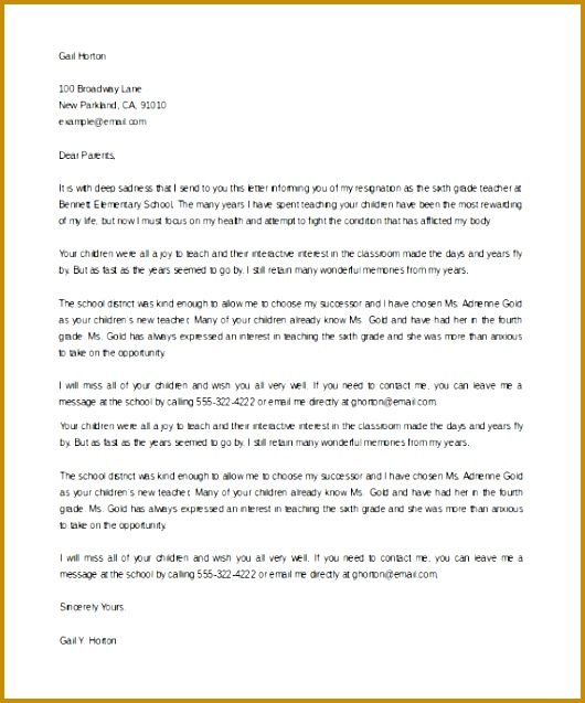 Resignation Letter to Parents From Teacher Example 637530