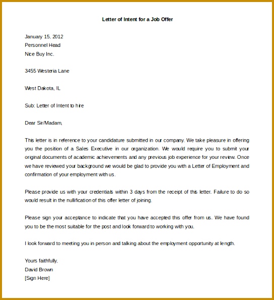 Letter Intent For A Job Templates Free Sample Example 595544