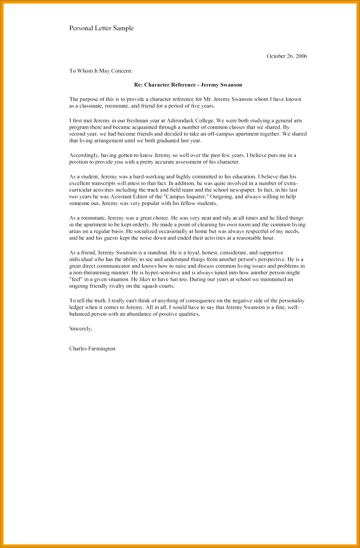 Character Reference Letter Template For Job Best Personal Letter Reference Example Fieldstation 18361205