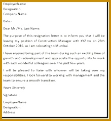 Resignation Letter Format with reason describing the reason of resignation as "Reason For Relocation" 239219