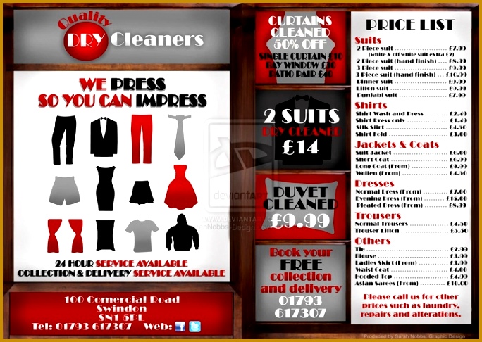 Double sided flyer For Quality Dry cleaners Brief include the colour scheme Black White and Red advertise special offers show price list inclu 486684