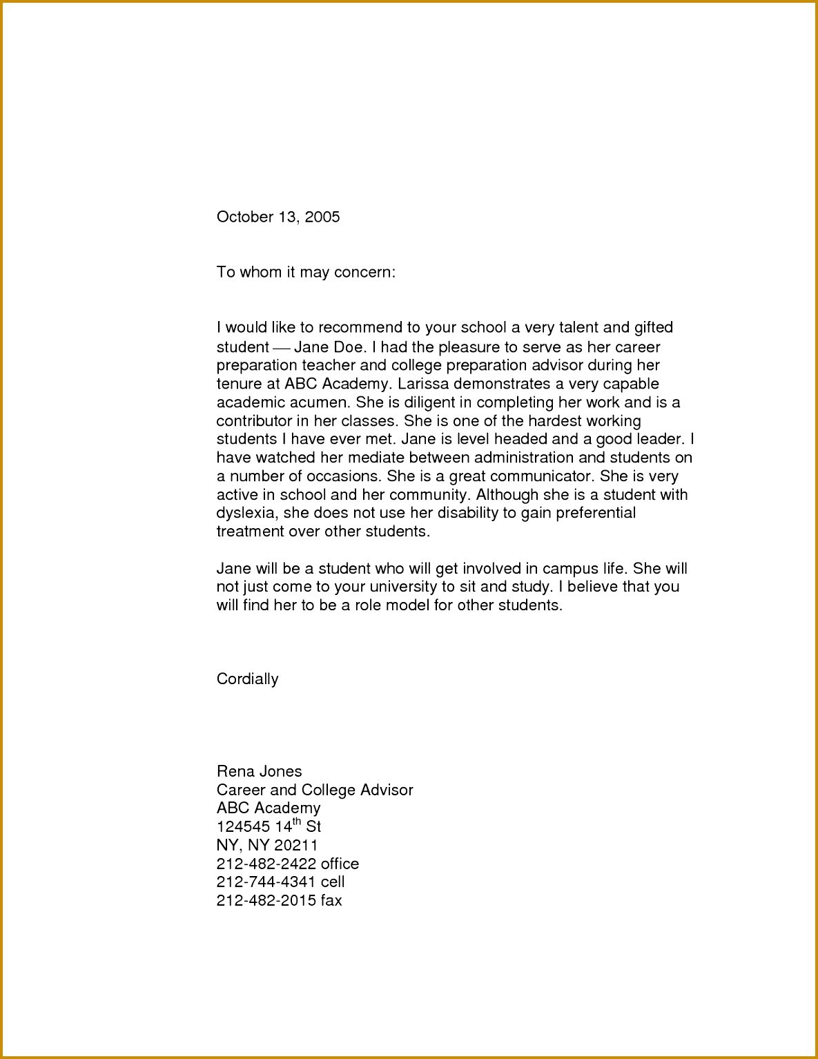 Sample Letter Re mendation for Middle School Student Ideas 11851534