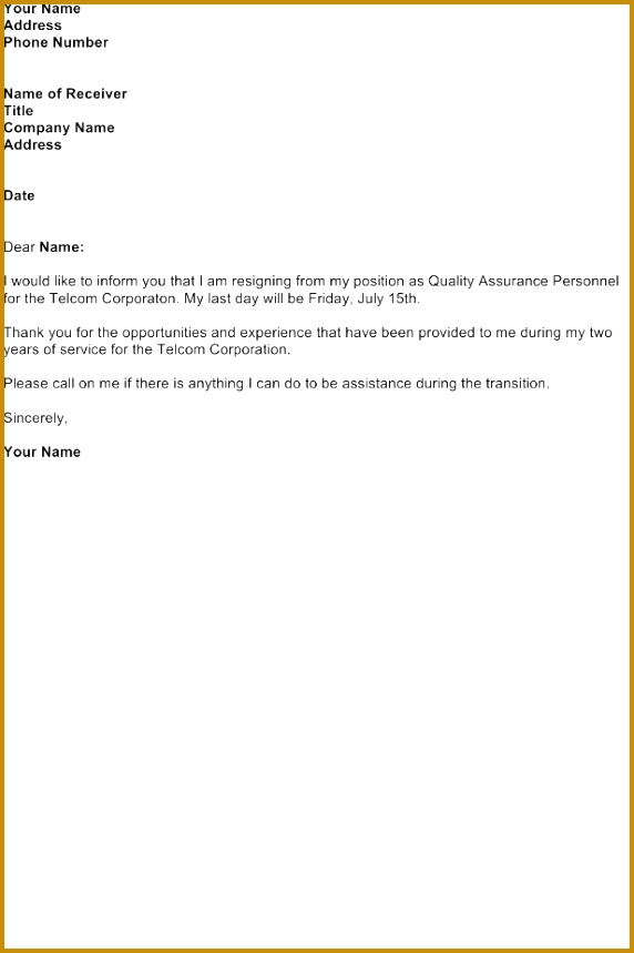 Resignation Letter – Quality Assurance 859572
