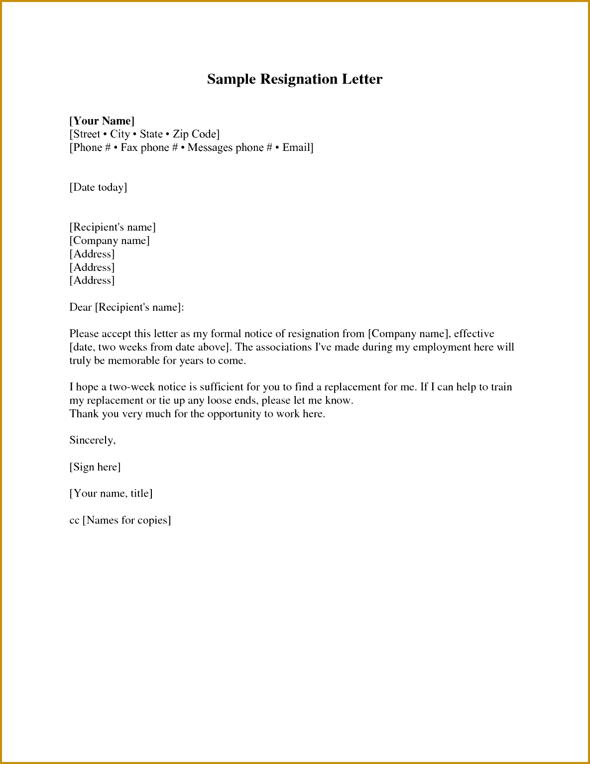 Letter To Quit Job Example Valid Resignation Letter Sample 2 Weeks Notice Free2img 15341185