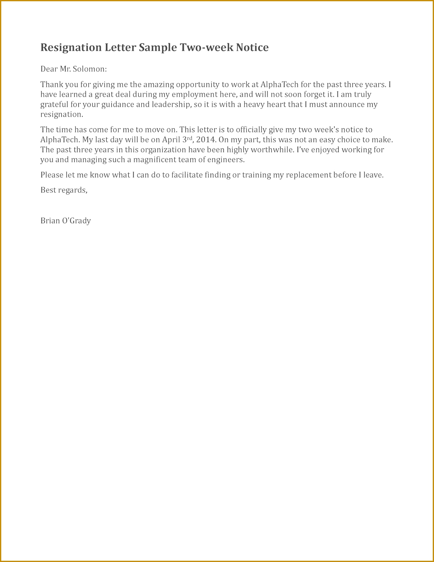 Related Samples of Resignation Letter 2 Week Notice 13951805