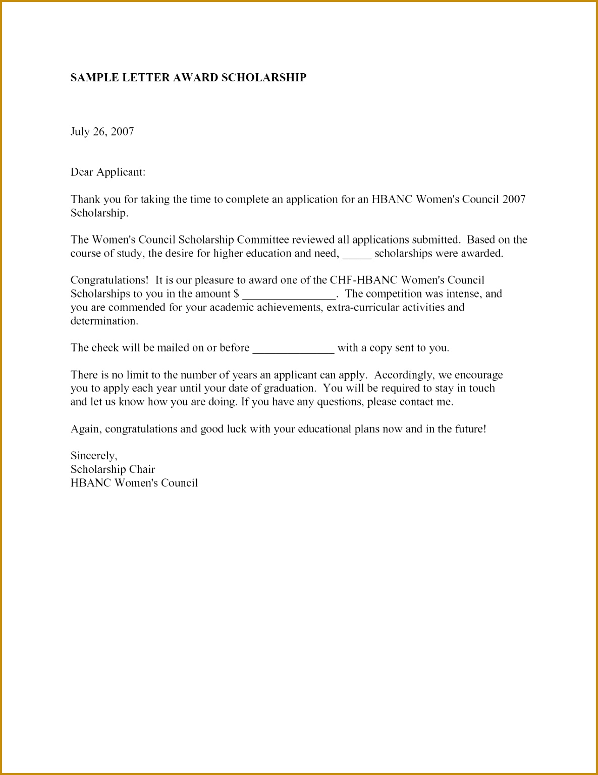 Scholarship Congratulations letter This letter is address to a 11851534