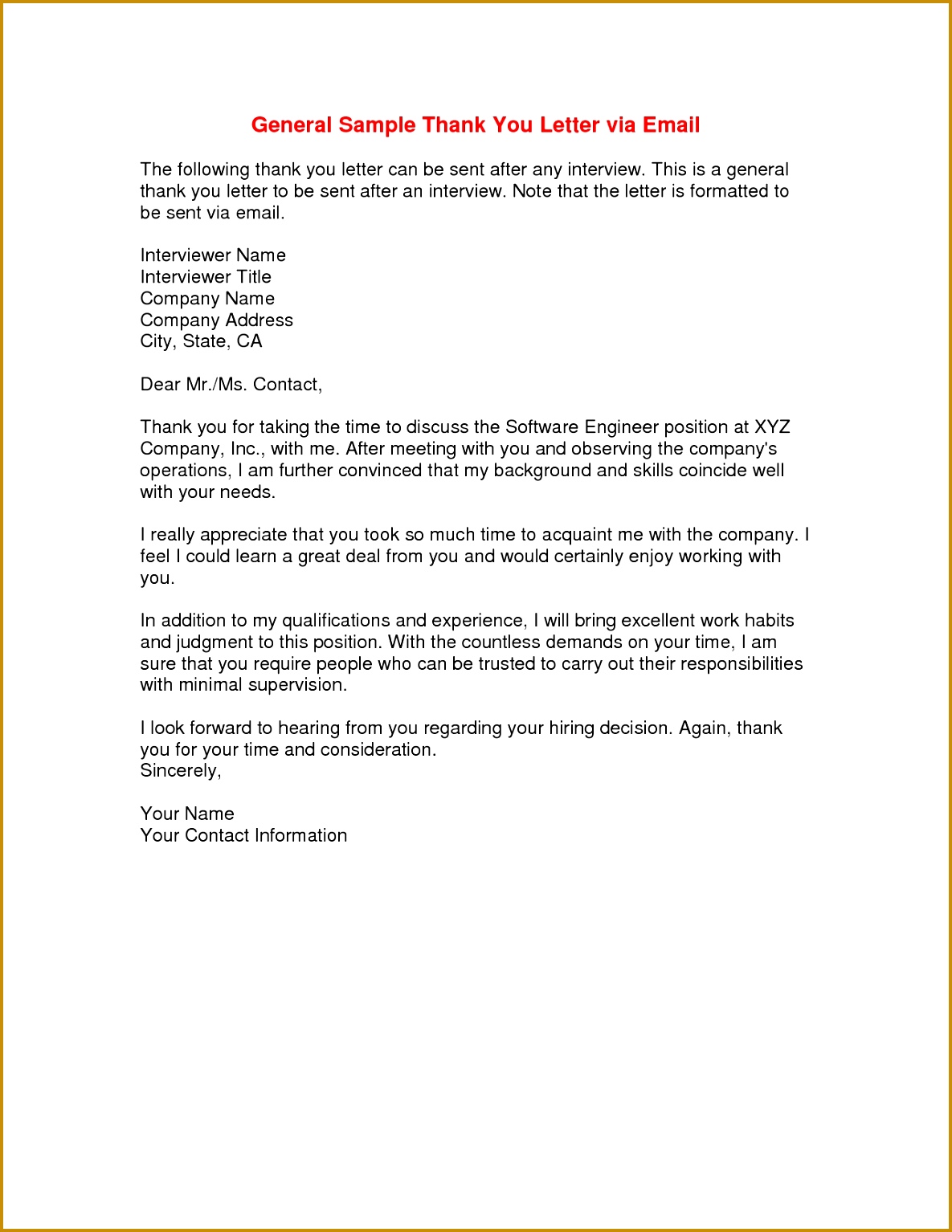 Sample Thank You Letters for After a Job Interview 11851534