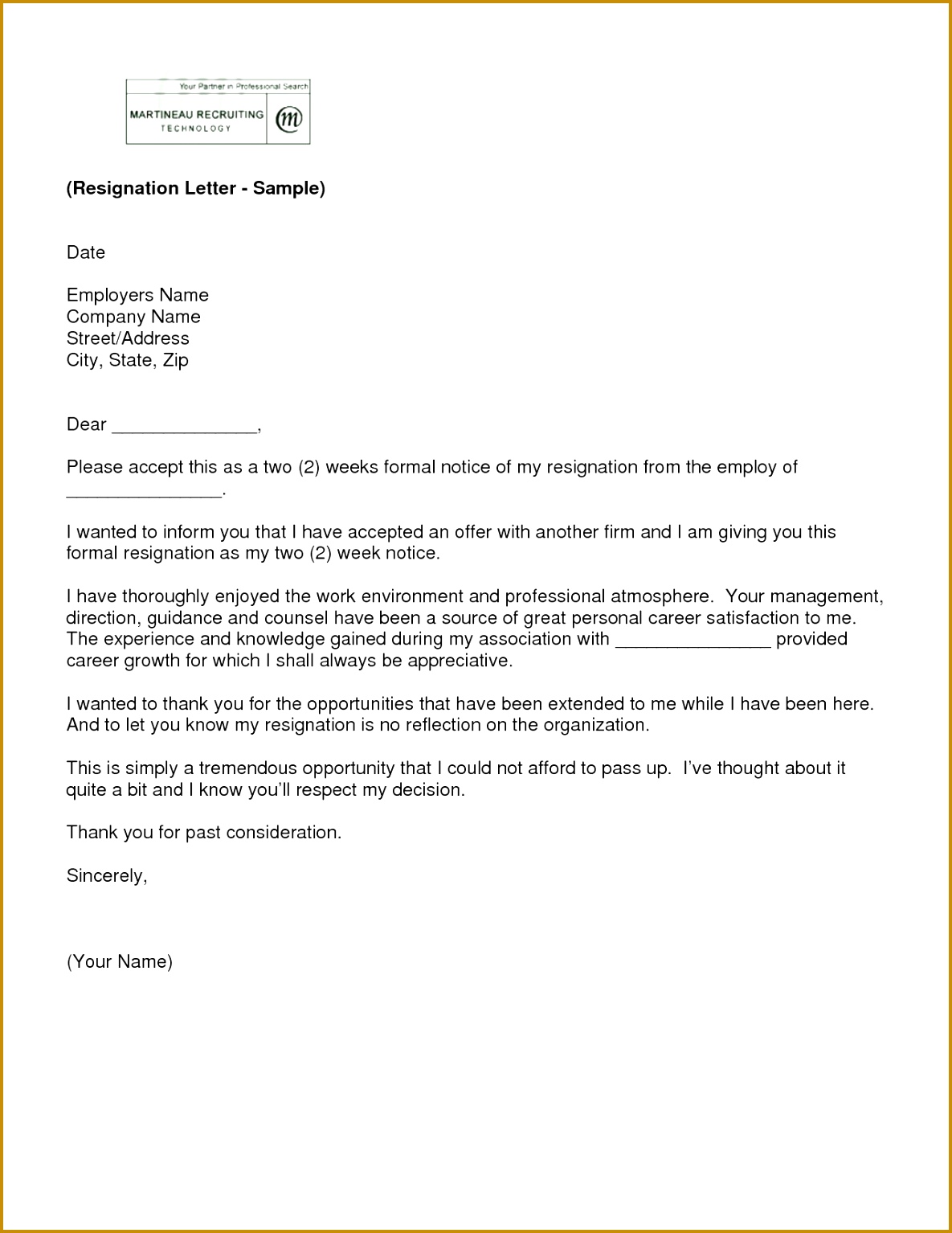 letter of resignation 2 weeks notice template 15341185