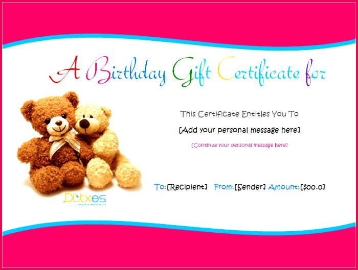 Birthday Gift Certificate Teddy Design
